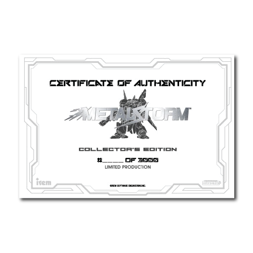 Metal Storm, Certificate, Authenticity, Numbered